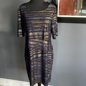 Connected Apparel black w/ metallic gold & silver brushstroke pattern midi. 8P